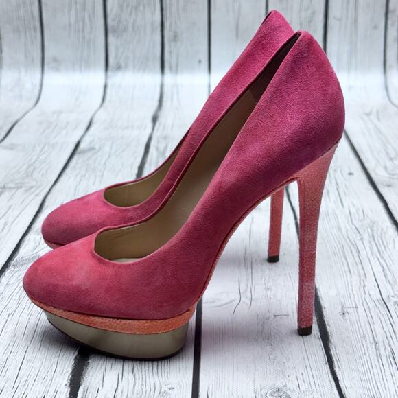 BRIAN ATWOOD Fontanne Suede Pink Orange Platform Stiletto Pumps Size  7 1/2 - Picture 4 of 12